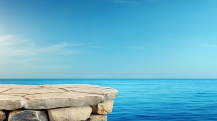 Wall Mural - Ocean View Stone Platform - Serene coastal scene featuring a stone platform overlooking a calm blue ocean under a clear sky. Perfect for product display or travel themes