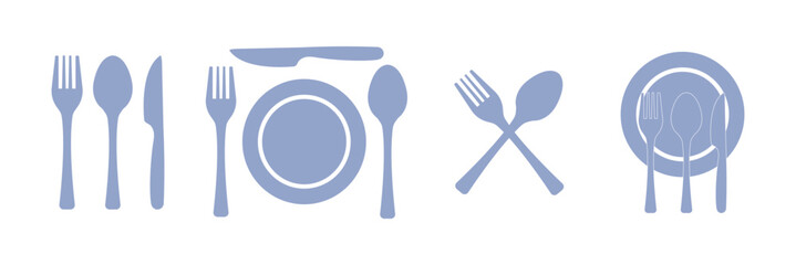 Poster - Fork, spoon, knife and plate. Menu symbol. Tableware instruments. Restaurant icon. Food, plate, fork, knife, spoon, cutlery icon set.