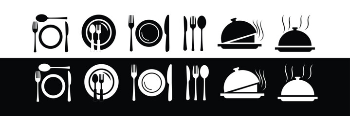Poster - Cutlery Icon Set – Spoon, Fork, Knife cloche and Plate Symbols for Restaurant Menu, Food App and Dining UI. vector.
