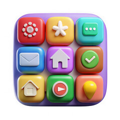 Fototapete - A colorful 3d app icon set with various functions isolated on transparent background