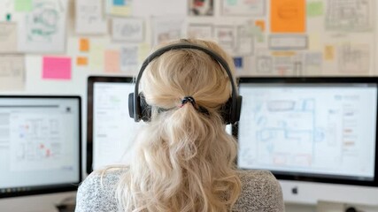 Poster - Focused Developer: A person with blonde hair wearing a headset is absorbed in their work, intently focused on the array of computer screens before them, as the creative thoughts pinned on the wall