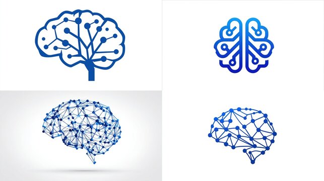 Blue brain illustrations representing artificial intelligence, set on white background, suitable for technology, education, and science