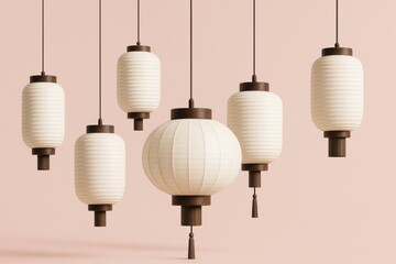 Aufkleber - Elegant paper lanterns with wooden accents suspended against pastel pink background in minimalistic creative graphic light concept style.