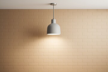 Fototapete - Minimalistic hanging ceiling light with soft illumination on beige brick wall background in modern interior design style. Ai generative.