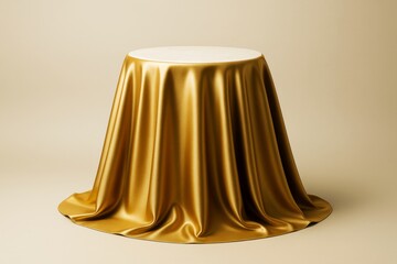 Poster - Elegant round table with luxurious golden silk cloth draped smoothly on soft beige background in light creative graphic composition concept.
