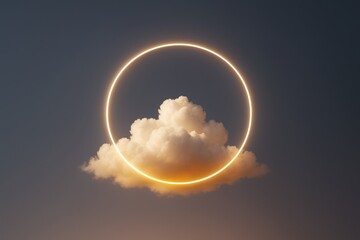 Poster - Glowing circular light ring surrounding fluffy cloud against dusk sky background in surreal digital art concept scene.
