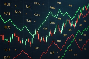 Aufkleber - Abstract financial chart with red and green candlesticks and lines on dark background depicting stock market data fluctuations and performance metrics.