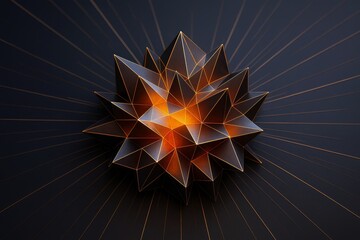 Fototapete - Futuristic geometric star-shaped structure with glowing orange core on dark background, expressing modern digital light graphic concept.