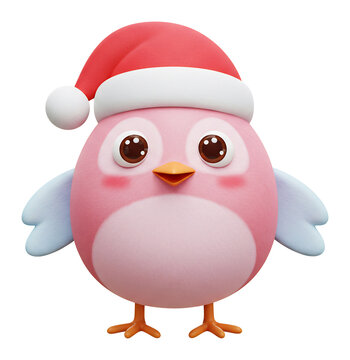 愛らしいピンクの鳥 サンタ帽子をかぶり笑顔で立つ クリスマス 3Dモデル