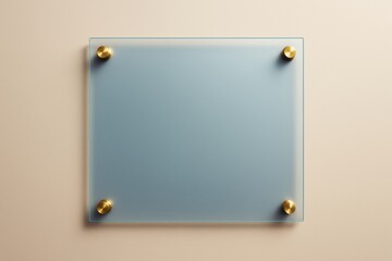 Aufkleber - Frosted glass sign mockup with golden bolts on beige background for branding, promotion, or clean advertising presentation template concept.
