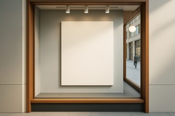Aufkleber - Blank white poster mockup in modern wooden display frame under soft lighting in storefront window for advertising or branding presentation concept.