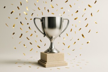 Aufkleber - Silver trophy cup on marble base with golden confetti falling around on clean light background for celebration or success concept mockup template.