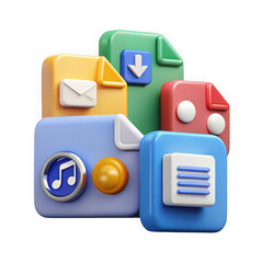 Poster - A vibrant 3d illustration of various file types, including documents, music, and more isolated on transparent background
