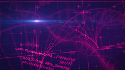 Poster - Magenta curve sweeping DNA helix, nodes fading, drifting particles, pulsing flares visualizing data