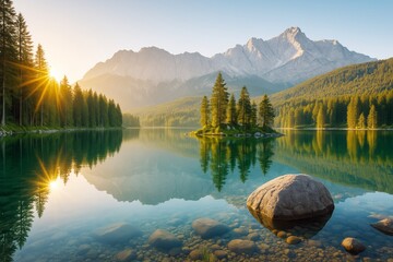 Aufkleber - Serene sunrise over mountain lake with pine island and crystal-clear reflections in calm water surrounded by forest and distant peaks.
