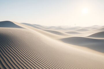 Poster - Minimalist desert landscape with smooth sand dunes and subtle light shadows under a soft sky with distant wind turbines in background. Ai generative.
