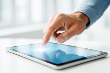 Aufkleber - Close-up of person using digital tablet with finger touch on screen in light office background, symbolizing modern technology and interaction.