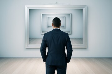 Poster - Businessman standing in front of infinite picture frames, contemplating future possibilities in a surreal, minimalist background concept scene.