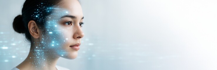 Aufkleber - Futuristic face scan concept showing woman with digital elements on face and clean copyspace background for AI technology or innovation poster.
