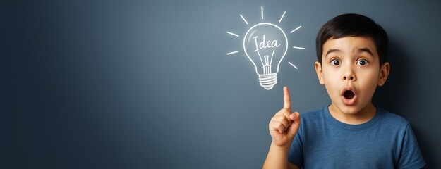 Aufkleber - Surprised child pointing upward with drawn light bulb and idea text on clean blue background for concept of creativity and innovation in education.
