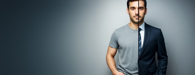 Aufkleber - Split image of a man in casual t-shirt and formal suit on gradient background for concept of transformation and professional growth.