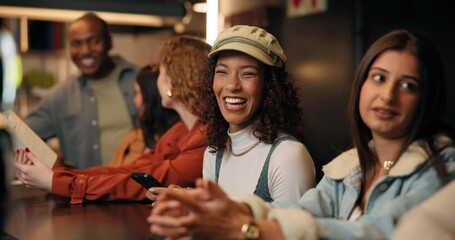 face, woman and phone with typing at pub for communication, texting and relax with message. happy, p