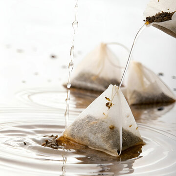 floating leaking teabags white background
