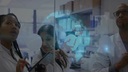 Poster - Tablet tapping animating globe on glass lab researchers sketching, rotating, highlighting data