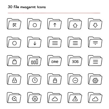 Outline style file folder icons showing various symbols and signs in a organized grid of thirty items