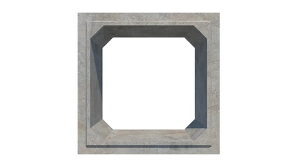 Fototapete - 3D image of a 200cm x 200cm x 120cm gray concrete box culvert from a front view, features a textured surface and a square opening, isolated against a white set, defining a precast drainage component
