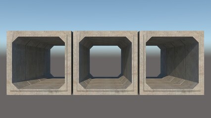 Fototapete - 3D isometric image of three 200cmx200cmx120cm gray concrete box culverts extending into the distance, set against a gradient set, defining precast drainage components ready for technical installation