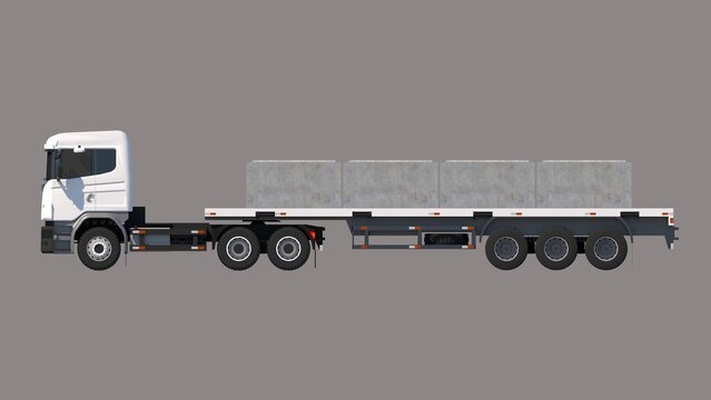3D image depicts a white semi-truck with a flatbed trailer from the side, loaded with four 200cm x 200cm x 120cm concrete box culverts set against a gray set, defining heavy material transport