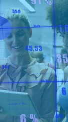 Poster - Animation of changing numbers, graphs, diverse female coworkers discussing reports on digital tablet