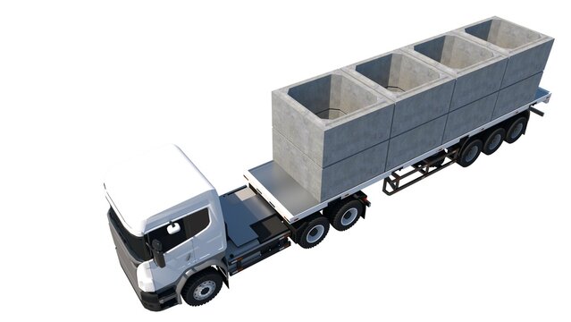 3D isometric image depicts a white semi-truck with a flatbed trailer loaded with eight large 200cm x 200cm x 120cm box culverts, set against a white set, defining heavy construction material transport