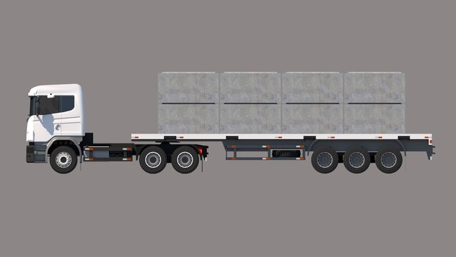 3D image depicts a white semi-truck with a flatbed trailer from the side, loaded with eight 200cm x 200cm x 120cm concrete box culverts set against a gray set, defining heavy material transport