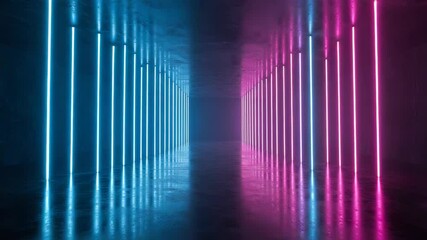 Poster - Neon blue and pink lights illuminate a futuristic, reflective hallway