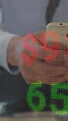 Poster - Animation of financial data processing over caucasian businessman using smartphone