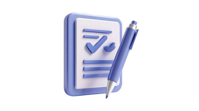 A checklist rendered in cool blue tones with a pen shows successful task completion, ready for various business and organizational needs, transparent background
