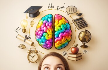 Aufkleber - Colorful brain surrounded by educational and scientific symbols with a girl's head at the bottom, on a light background as a concept of learning and intelligence.