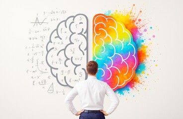 Aufkleber - Businessman looks at split brain illustration with scientific formulas on left and colorful art on right, symbolizing logic and creativity balance.