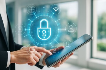 Aufkleber - Cybersecurity concept showing digital padlock icon above tablet held by businessman, symbolizing data protection and secure network access.