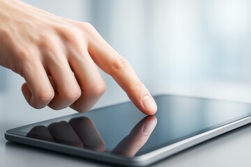 Poster - Close-up of human finger interacting with touchscreen tablet device on a smooth surface with blurred background in soft light. Ai generative.