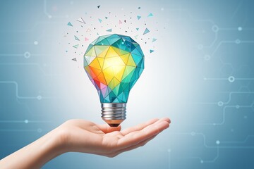 Aufkleber - Geometric colorful light bulb symbolizing innovation and creative technology floating above open hand on digital background with futuristic elements.
