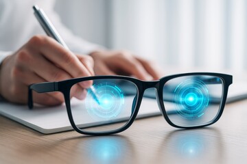 Aufkleber - Smart glasses with futuristic digital HUD interface and person writing in background on a light workspace concept of wearable technology use.