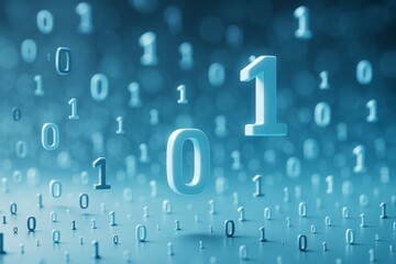 Aufkleber - Floating binary digits 0 and 1 with glowing light effect on a digital blue background, symbolizing futuristic technology concept and data flow.