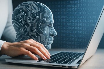 Aufkleber - Human hand using laptop with digital AI head silhouette and circuit pattern symbolizing artificial intelligence and machine learning concept.