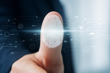 Aufkleber - Futuristic fingerprint scanning on human thumb with glowing biometric interface and digital circuit background showing technology security concept.