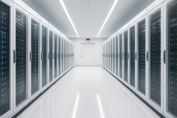 Aufkleber - Futuristic clean data center hallway with symmetrical white server racks and bright ceiling lights in a high-tech environment. Ai generative.