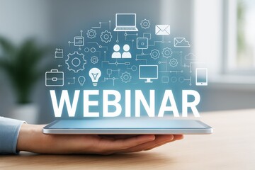 Aufkleber - Webinar concept with glowing icons above a tablet held by hand on blurred office background illustrating digital communication and technology concept.