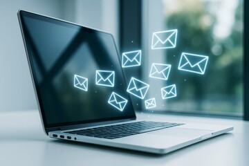 Aufkleber - Glowing email icons emerging from laptop screen on desk with soft light background, symbolizing digital communication and modern tech concepts.